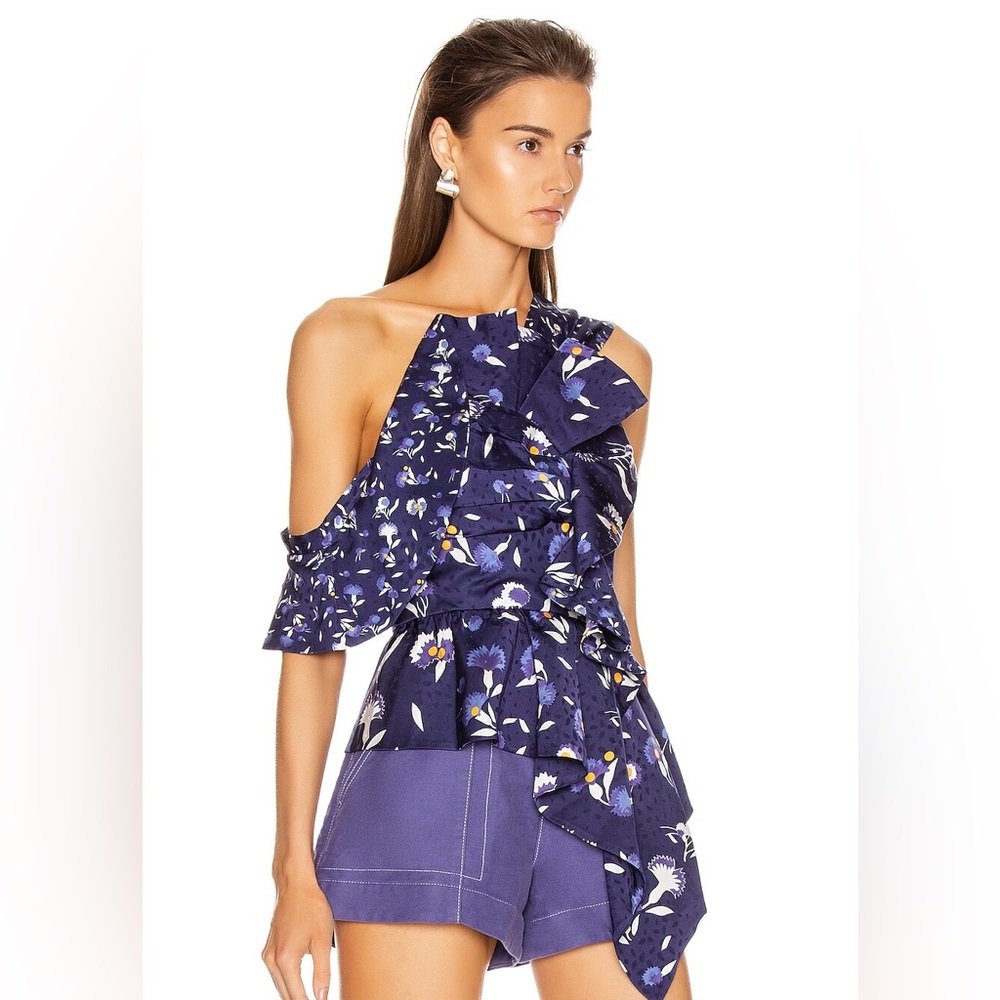 Self-Portrait Frilled Botanical Printed Top in navy blue florals size US 2